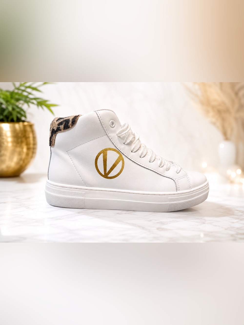 Valentino White and Gold High-Top Sneakers with Logo